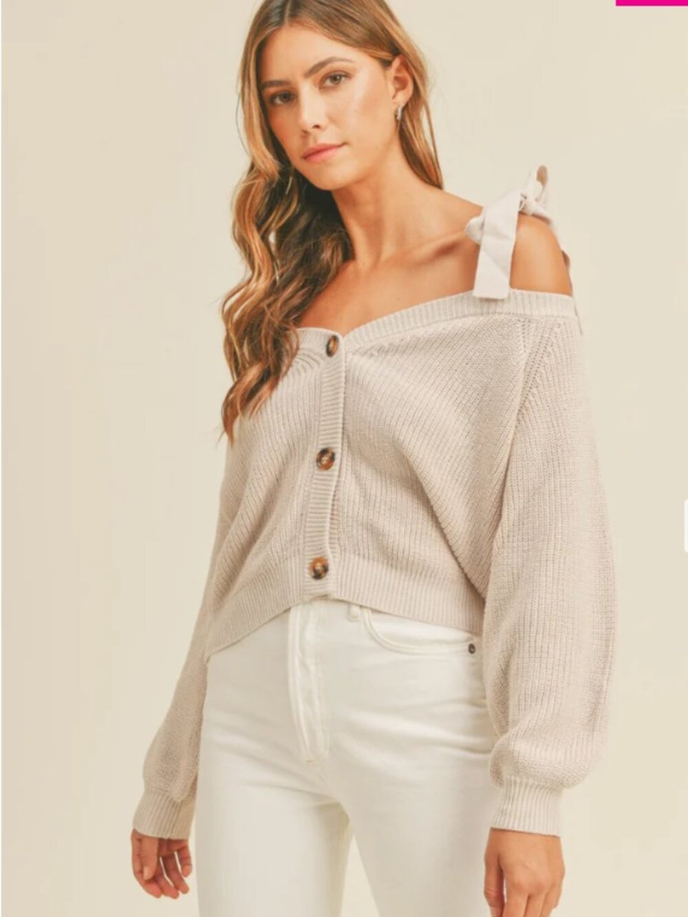 MABLE I Cream Off Shoulder Self-Tie Strap Button Down Cardigan Sweater, L - Picture 2 of 14